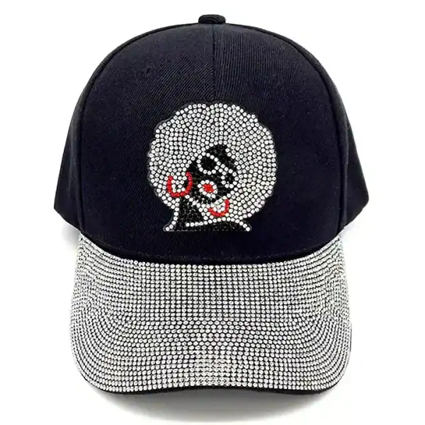 Afro Girl Rhinestone Baseball Cap Black