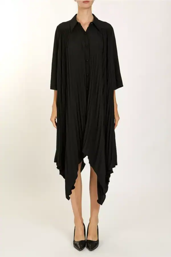 Beulah Style Asymmetrical Draped Hem Black Pleated Shirt Dress (One Size - O/S)