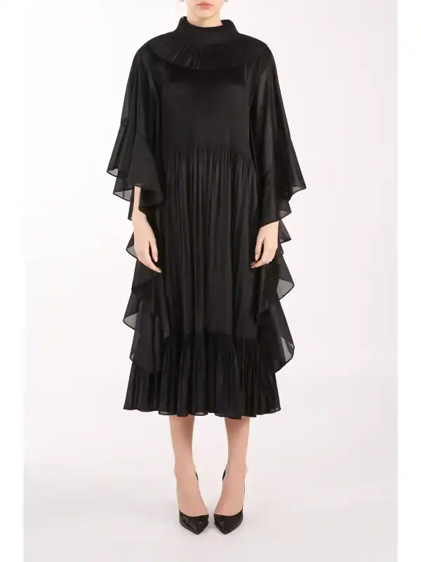 Beulah Style Ruffled Detail Black Pleated Maxi (One Size - O/S)