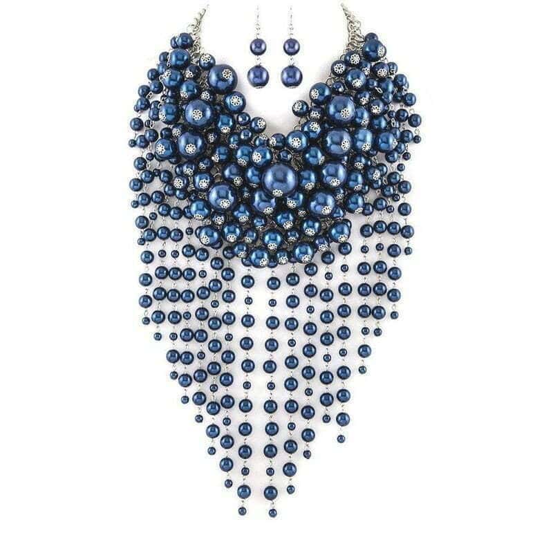 Chunky Dangling Pearls Choker Necklace Set Royal Blue