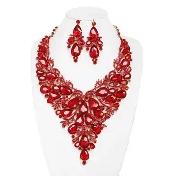 New – Crystal Cluster V-Shape Necklace Set (Red)