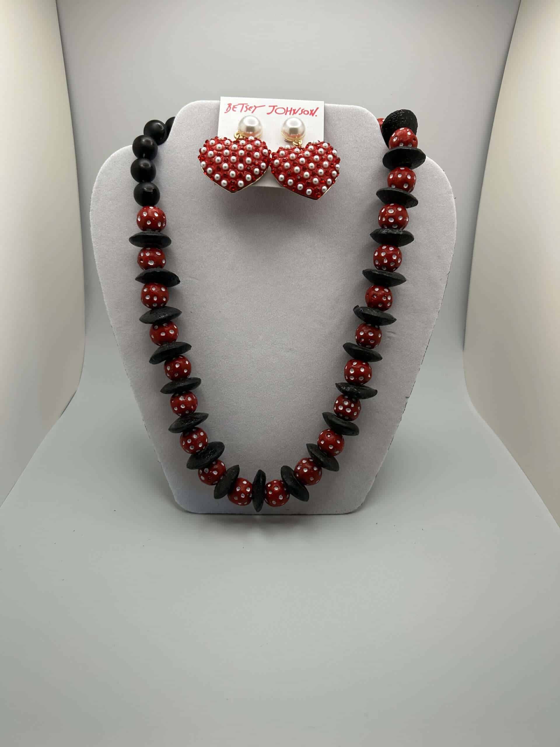 Custom Red/Black Polka Dot Necklace w/Betsy Johnson earrings (Set)