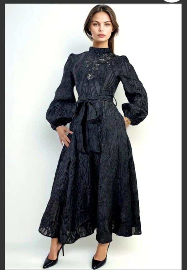 New - Designer Long Sleeve Black Maxi Dress (XL)