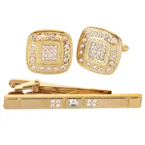 New - Rhinestone Gold Cufflinks & Tie Bar