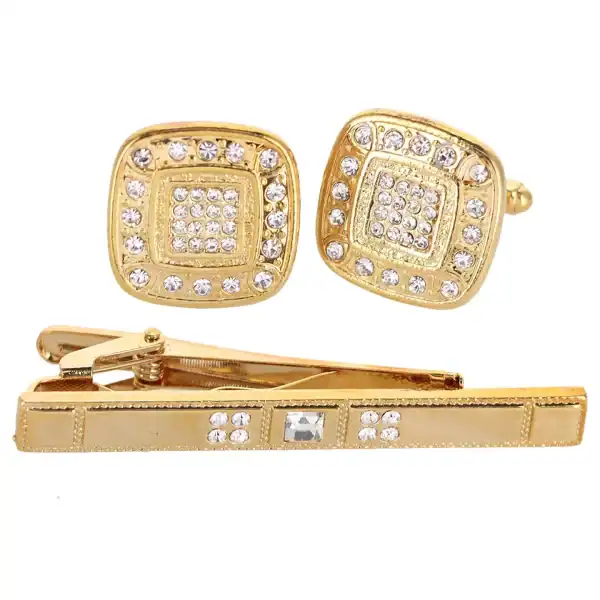 New - Rhinestone Gold Cufflinks & Tie Bar