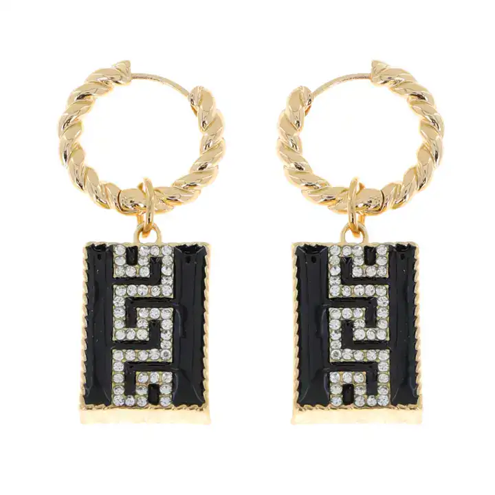 New – Greek Key Square Crystal Hoops (Color Selections)