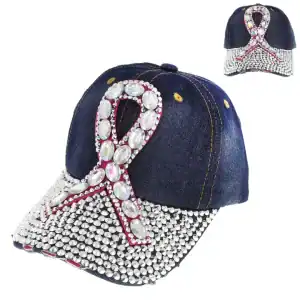 New - Large Rhinestone Pink Ribbon Cap (Denim)
