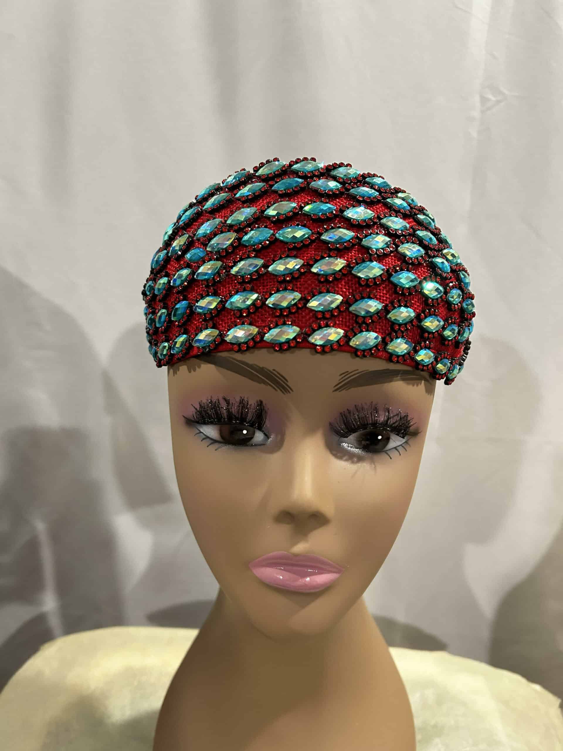 Custom Half Hat – Upscale Red/Turquoise Rhinestone Headwrap Fascinator