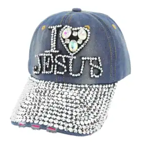I Love Jesus Rhinestone Embellished Baseball Cap Denim Silver