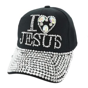 I Love Jesus Rhinestone Embellished Black Cap