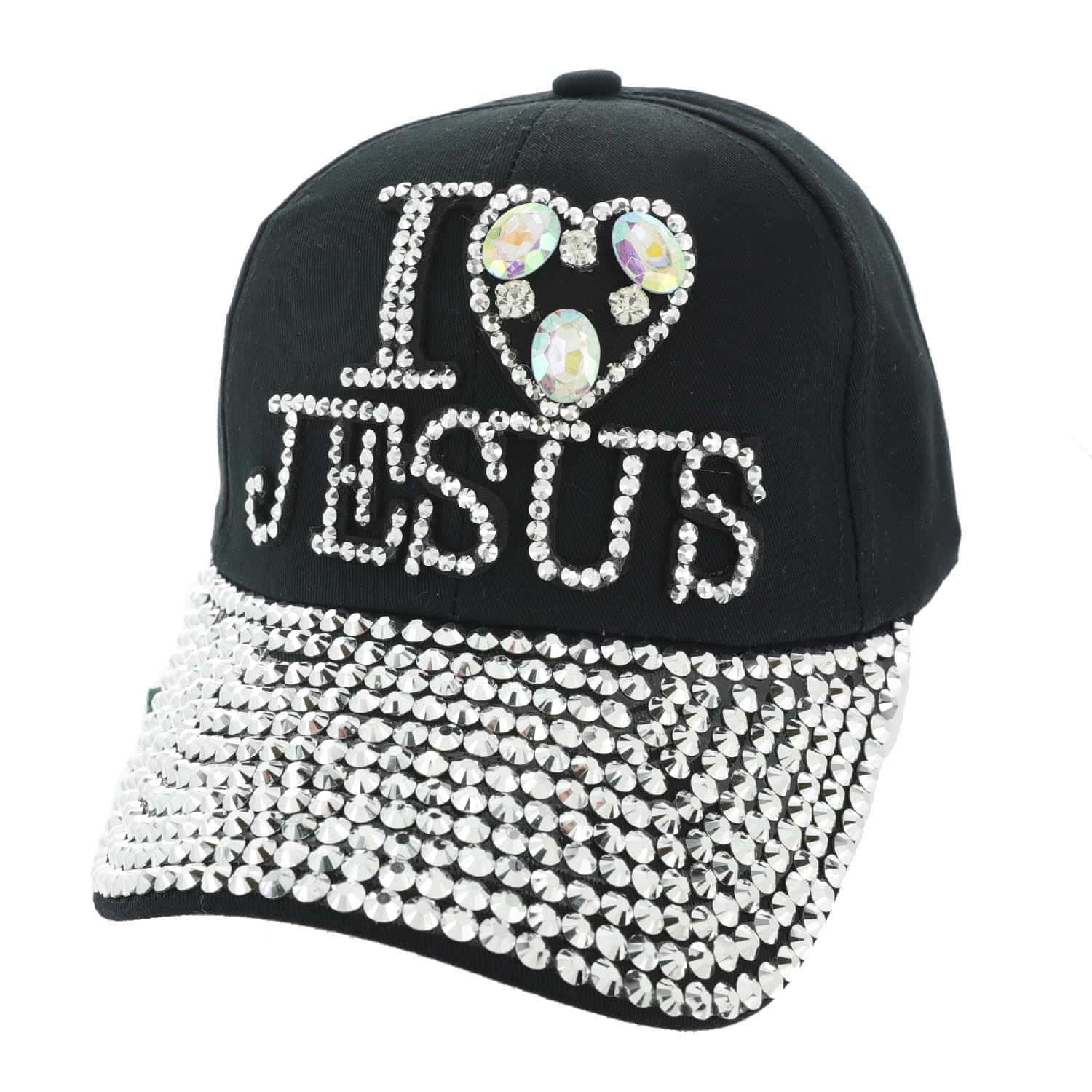I Love Jesus Rhinestone Embellished Black Cap