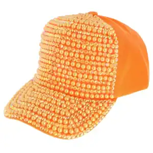 Iridescent Rhinestone & Pearl Bling Baseball Cap Orange