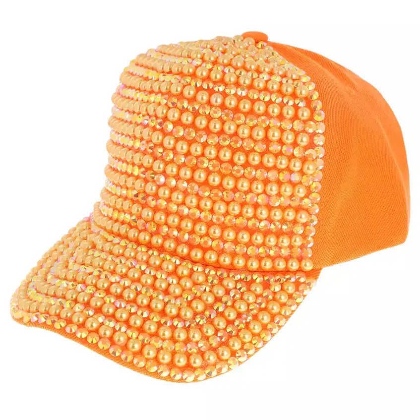 Iridescent Rhinestone & Pearl Bling Baseball Cap Orange
