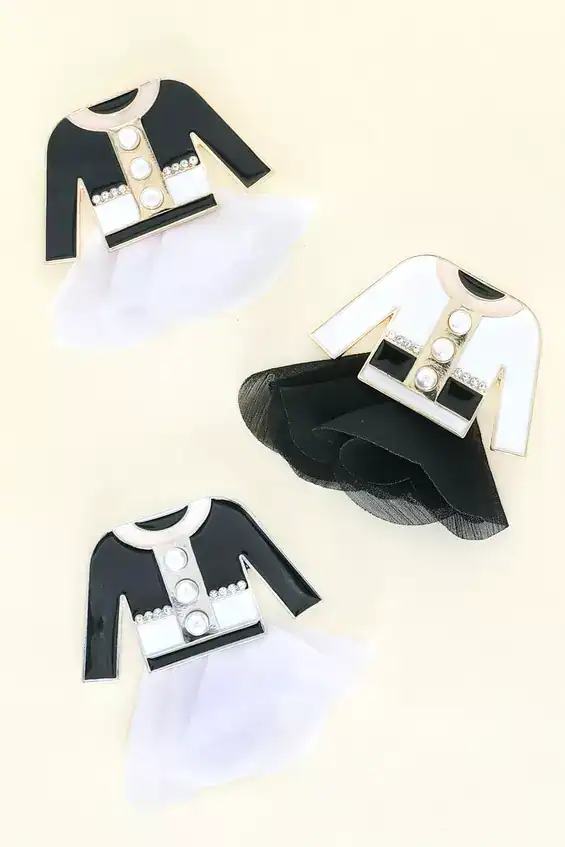 Pearl & Rhinestone Tulle Dress Brooch Pin (Gold-Black)