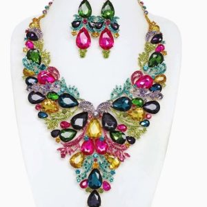 Rhinestone V Shape Multi Colored with Matching Earrings