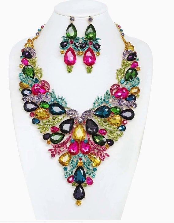 Rhinestone V Shape Multi Colored with Matching Earrings