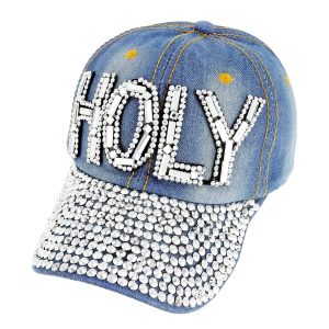 Rhinestone Embellished Holy Baseball Denim Cap