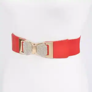 Rhinestone Ribbon Buckle Stretch Belt Red