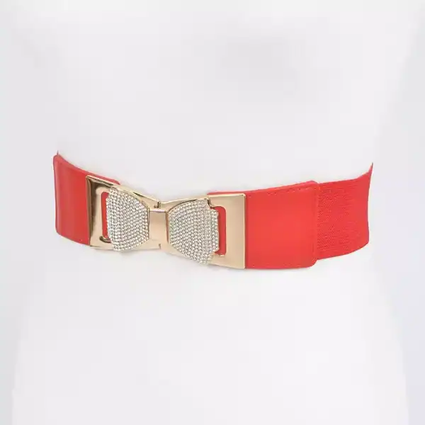 Rhinestone Ribbon Buckle Stretch Belt Red