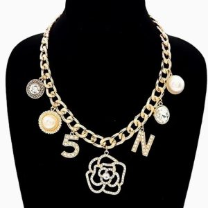 Rose Flower N 5 Greek Pearls Charm Chain Necklace Gold