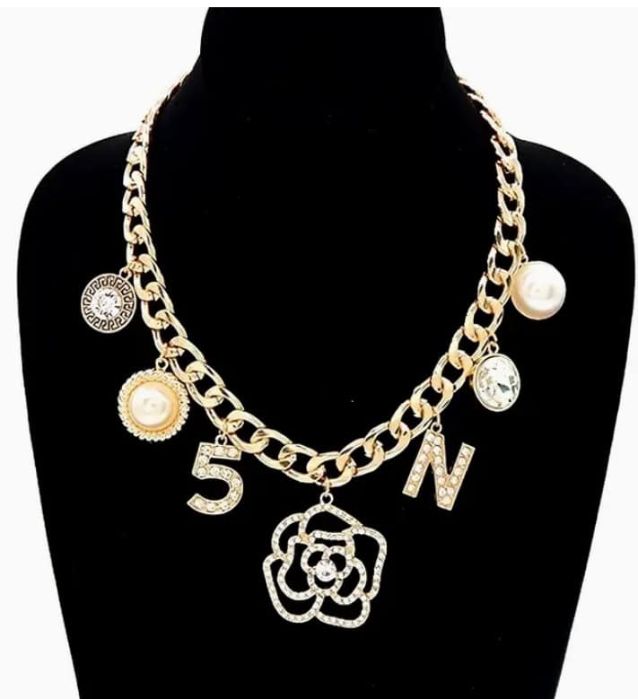 Rose Flower N 5 Greek Pearls Charm Chain Necklace Gold