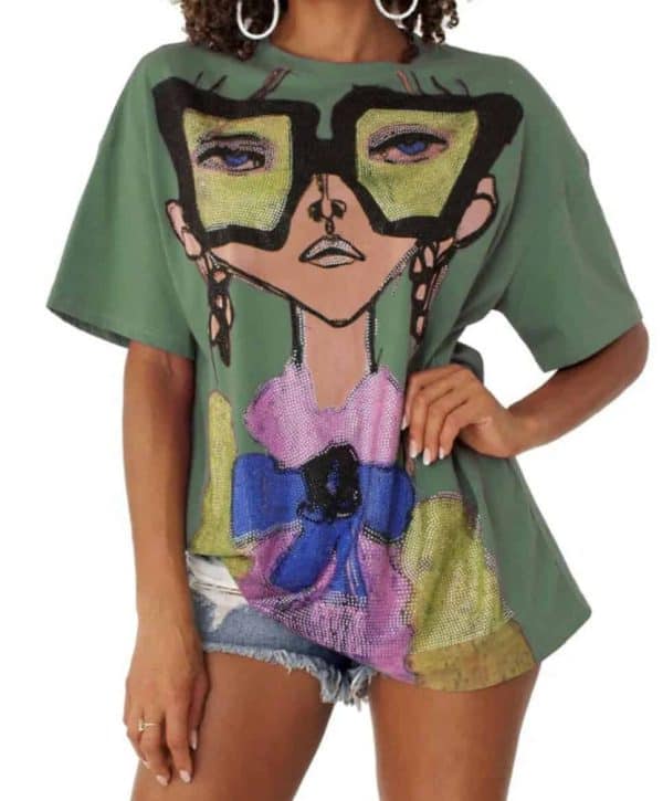 Unique Studded Olive Face Shirt (Size LG)