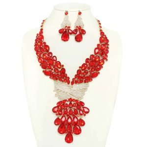 Teardrops Crystal Cluster Bib Necklace Set (Color Selections)