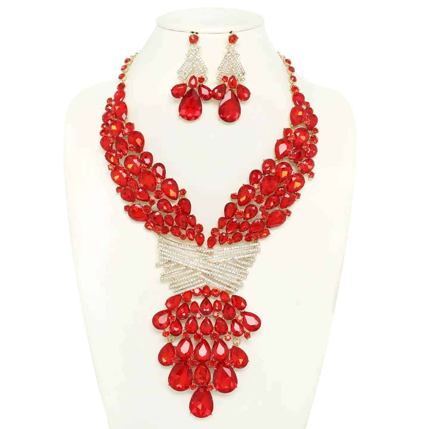 Teardrops Crystal Cluster Bib Necklace Set (Color Selections)