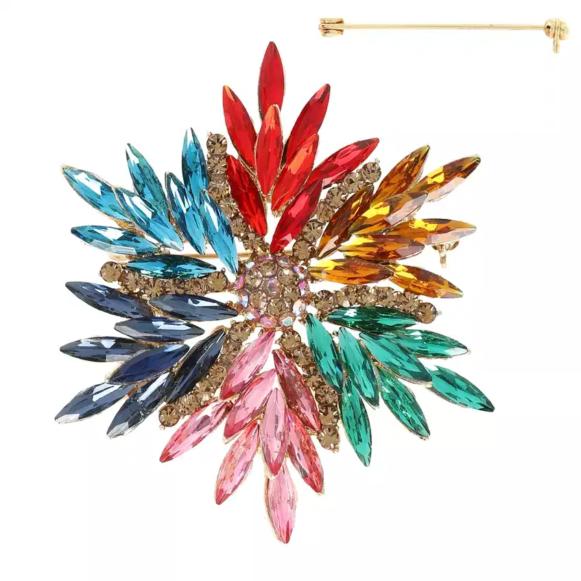 Vintage Crystal Gemstone Floral Brooch Pin Multi