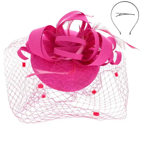 New – Mesh Beret w/ Feathers (2 Color Selection) Hot Pink and Red