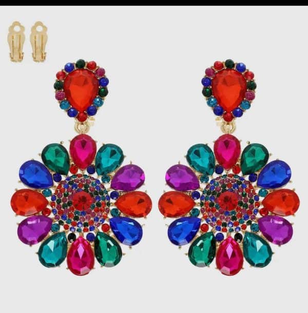 New - Floral Teardrop Dangle Earrings (Clips)