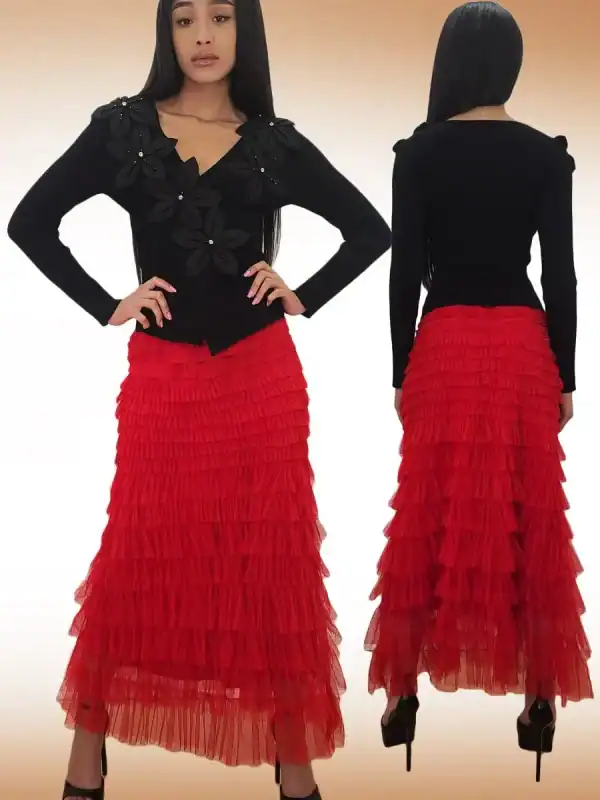 New - Designer Red Ruffled Long Skirt (Large)