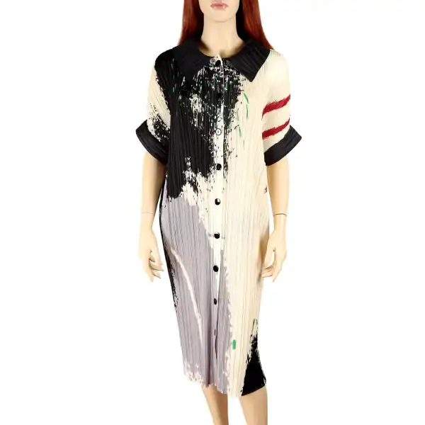 New - Pleated Abstract Midi Shirtdress (O/S)