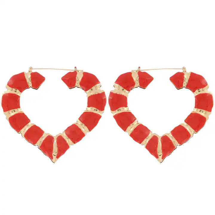New – Heart Enamel Bamboo Hoops (Selection Red, Pink Black)