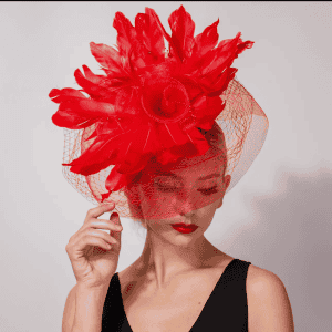 New - Big Feather & Netted Fascinator (Color Selections - Red, White, Black)