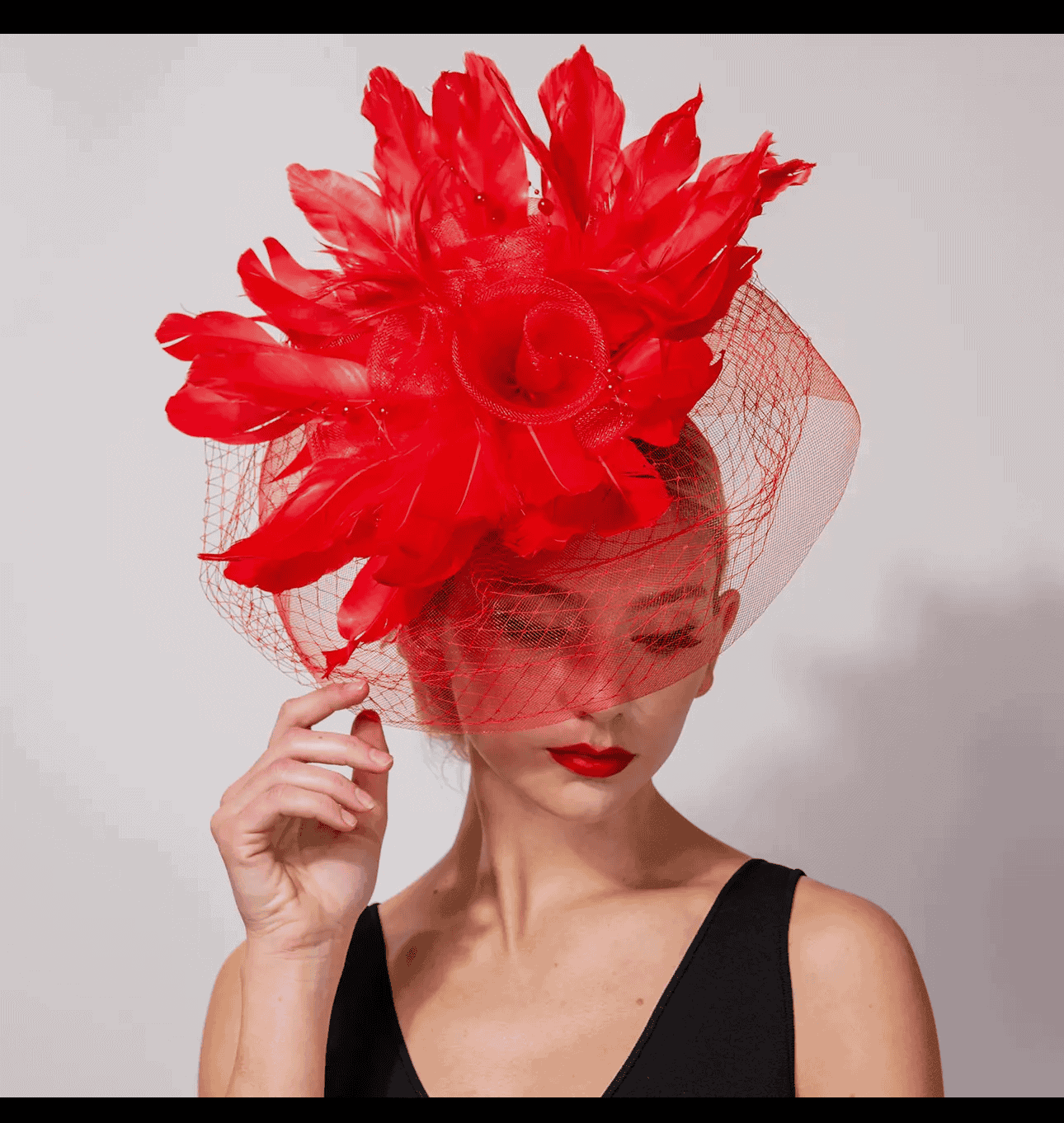 Big Feather & Netted Fascinator (Color Selections – Red, White, Black) – Black  & Red Sold