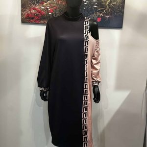 Designer Black and Tan Half Shoulder Dress (2X)