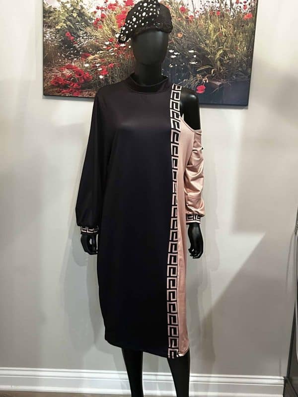 Designer Black and Tan Half Shoulder Dress (2X)