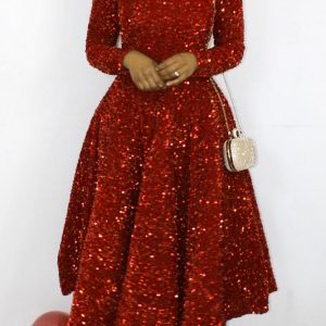New - Round Neck Red Wine Sequin Dress (Size Selection)