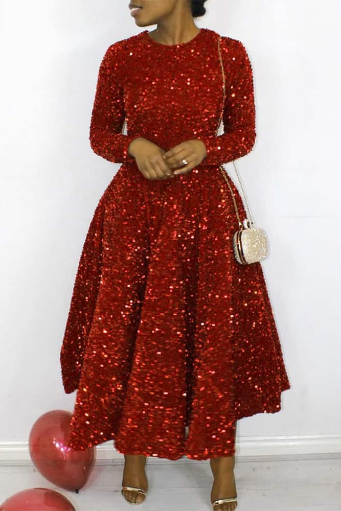 New – Round Neck Red Wine Sequin Dress (2 Size Selection)  – Only a Medium Left