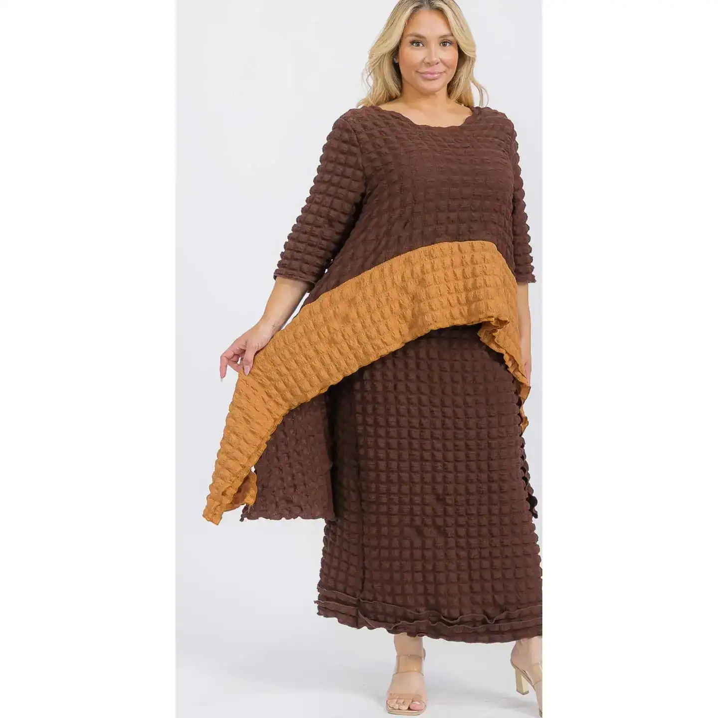 New – 2pc Popcorn Skirt-set (Brown w/ Taupe) Size Selections