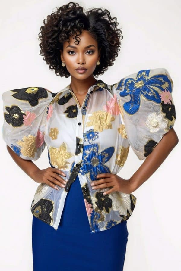 New - Designer Puff Sleeve Flower Top (Med)