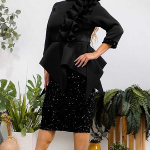 New - Peplum Ruffled Sequin Black Dress (3 Size Selection) 1X-3X