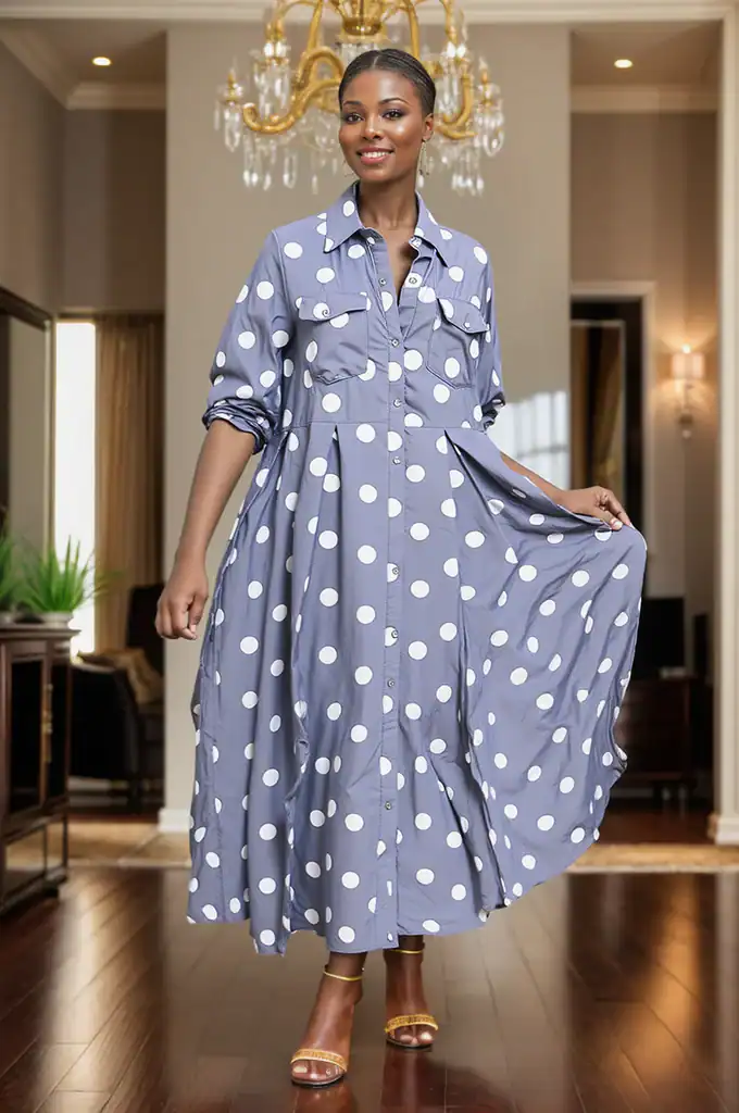 New – Designer Polka Dot Blue Dress (3 Sizes – Med-1X) (See Size Selection) Very Nice