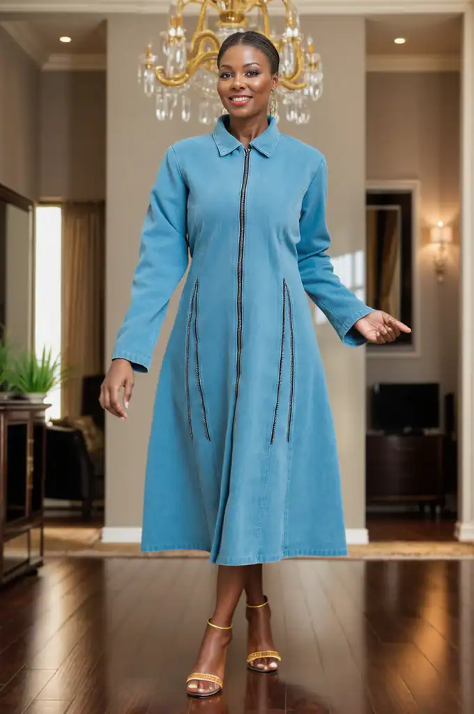 New – Designer Denim Zipper Dress (3 Size Selection) (Med-1X)