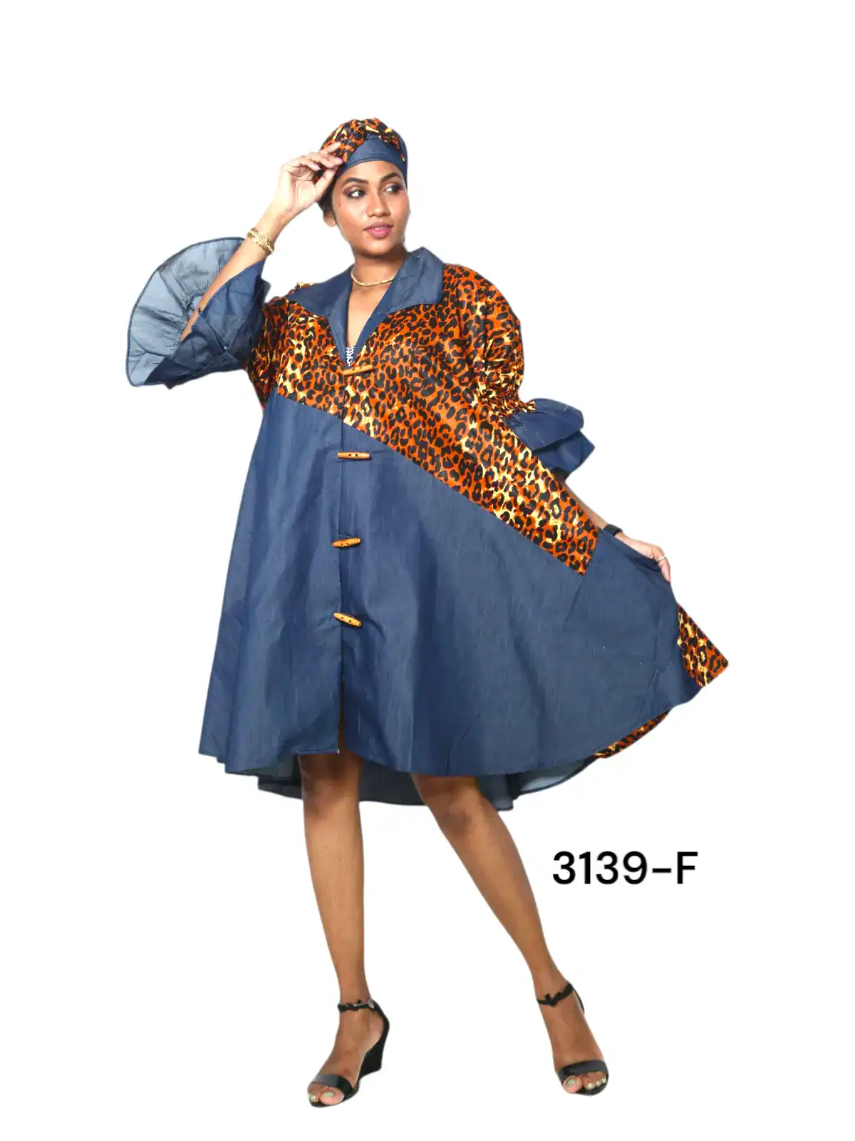 New – Denim Shirt Dress w/ African Print (O/S)