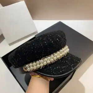 New - Pearl Beaded Sequin Black Hat - Nice