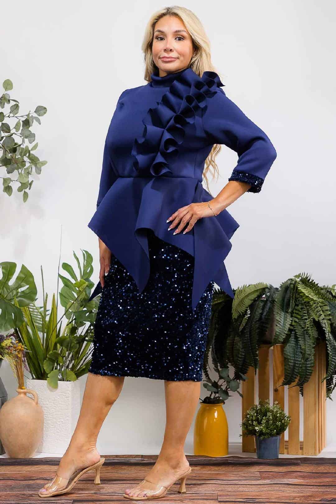 New – Peplum Ruffled Sequin Royal Blue Dress (2 Sizes LEFT  Selection) 1X & 2X