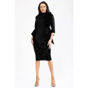 New - Peplum Ruffled Sequin Bottom Midi (Black Dress) (4 Size Selection) (SM-XL)