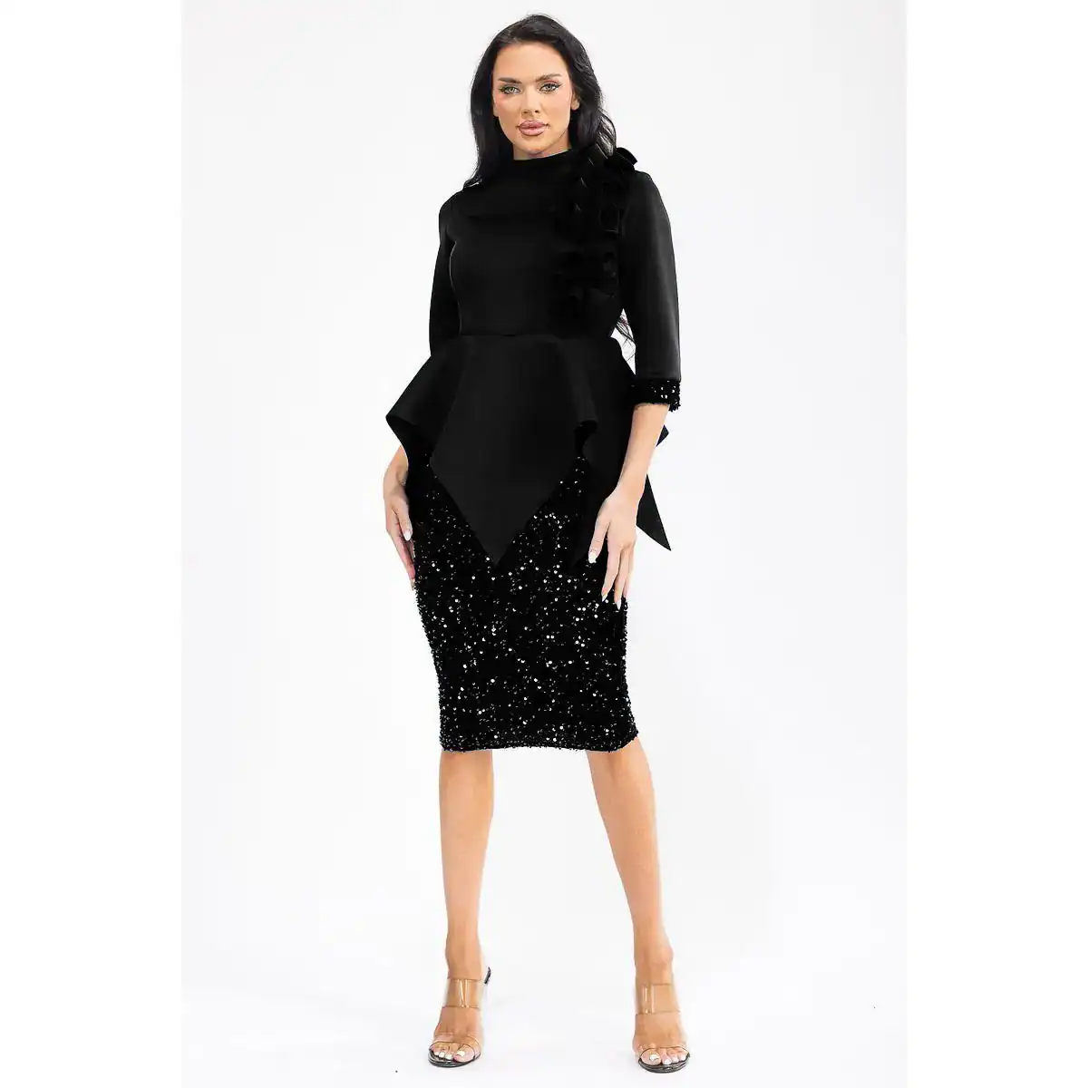 New – Peplum Ruffled Sequin Bottom Midi (Black Dress) (4 Size Selection) (SM-XL)